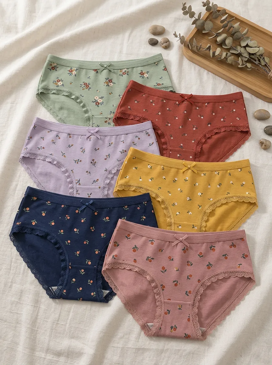 Women's Floral Fruit Pattern Lace Trim Printed Panties 6-Pack