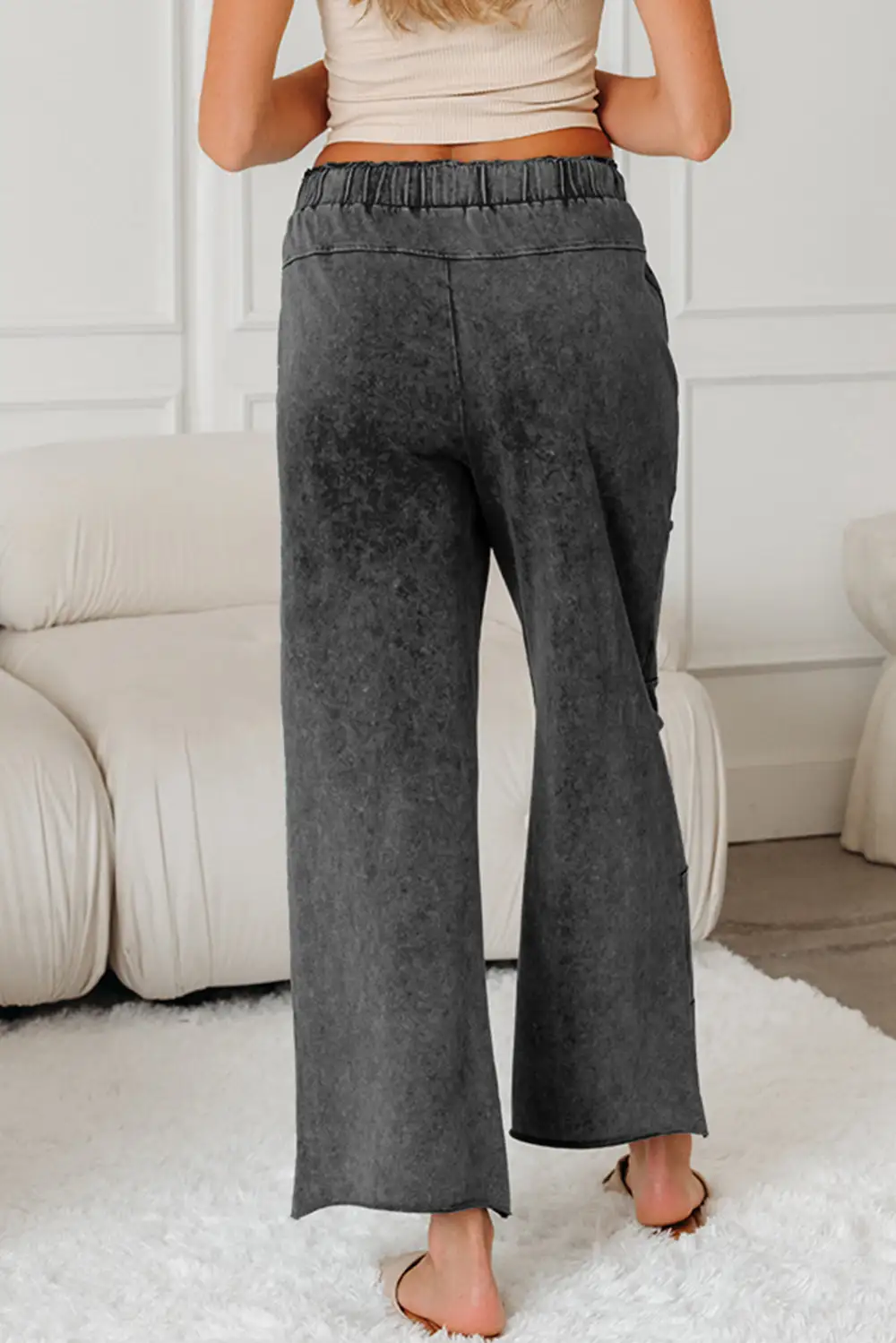 Wash Lace Up High Waist Raw Hem Patched Pocket Trousers