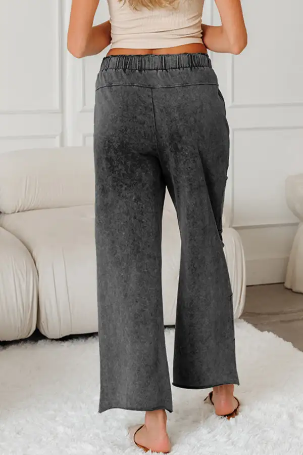 Wash Lace Up High Waist Raw Hem Patched Pocket Trousers