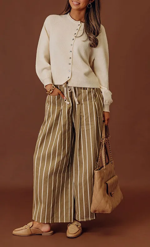 Mid Rise Wide Leg Striped Pleated Pants