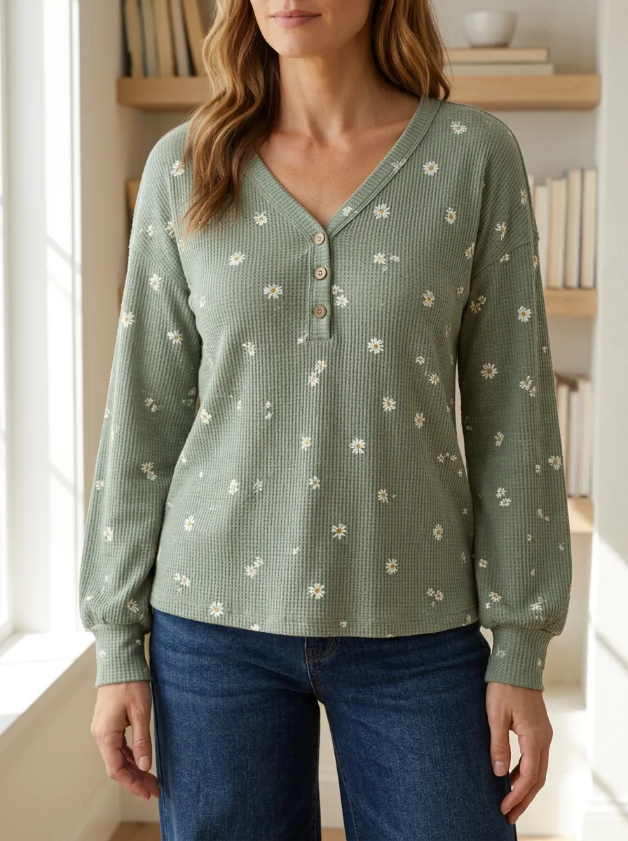Women's Floral Lover Daisy Printed Waffle Henley Shirt