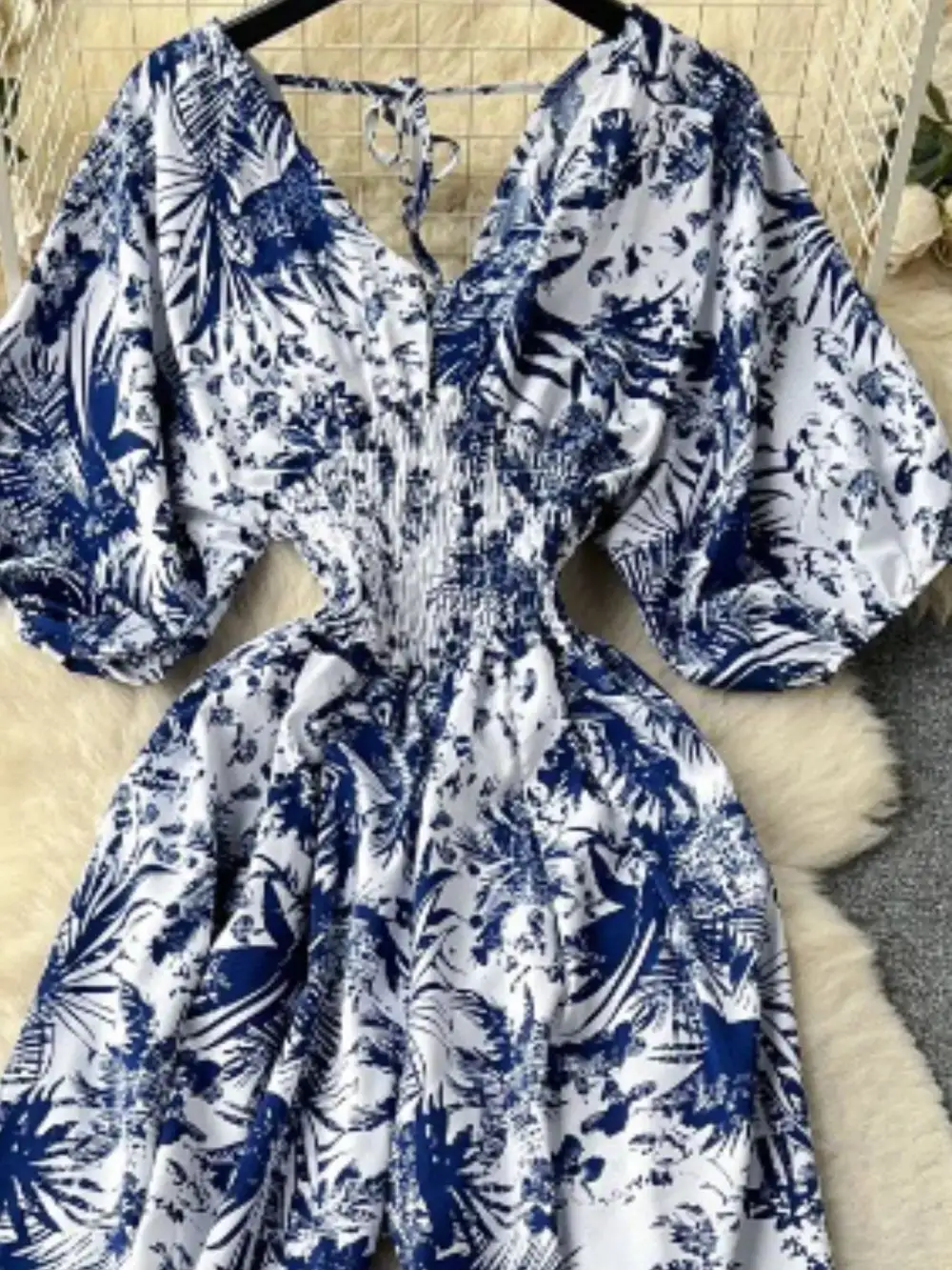 Smocked V Neck Wide Leg Jumpsuit