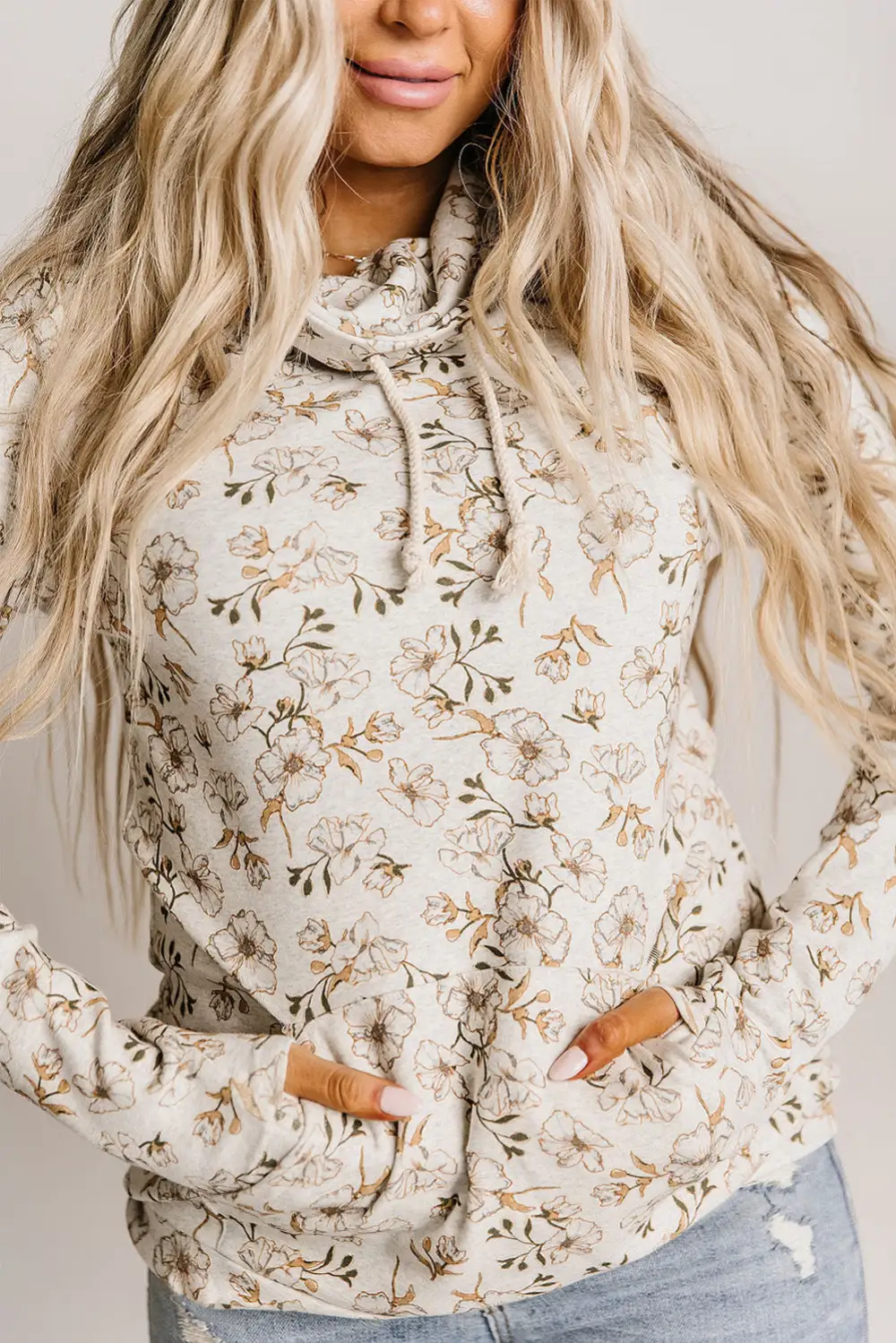 Cowl Neck Floral Print Sweatshirt