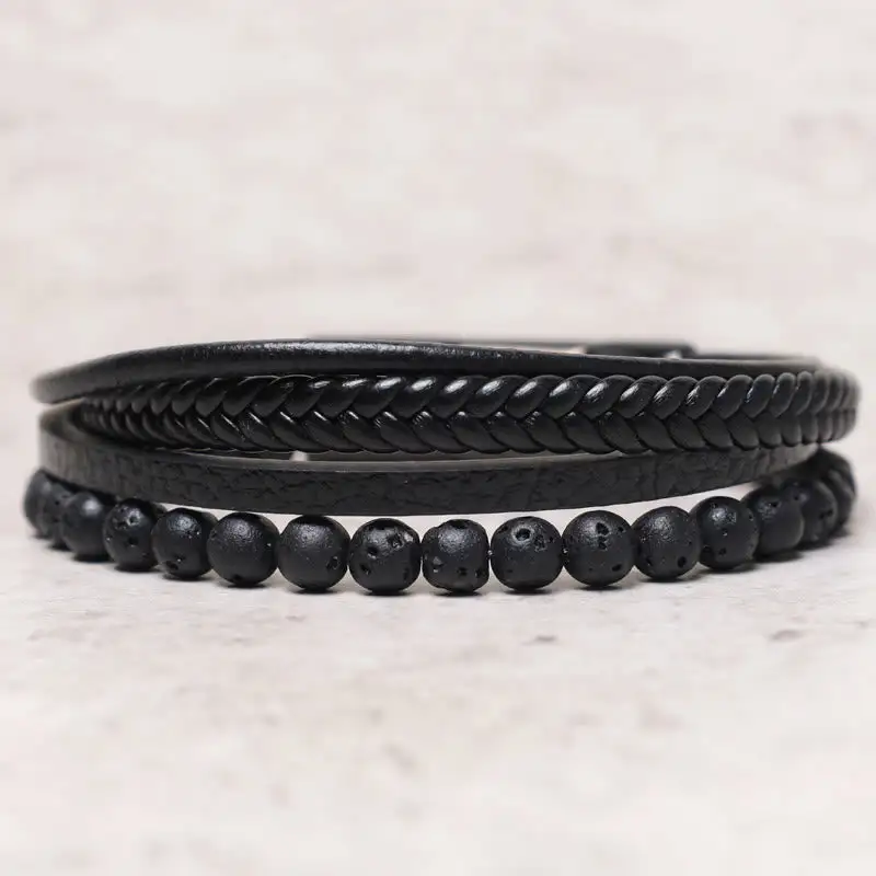 Natural Lava Rock Onyx Bead Leather Bracelet