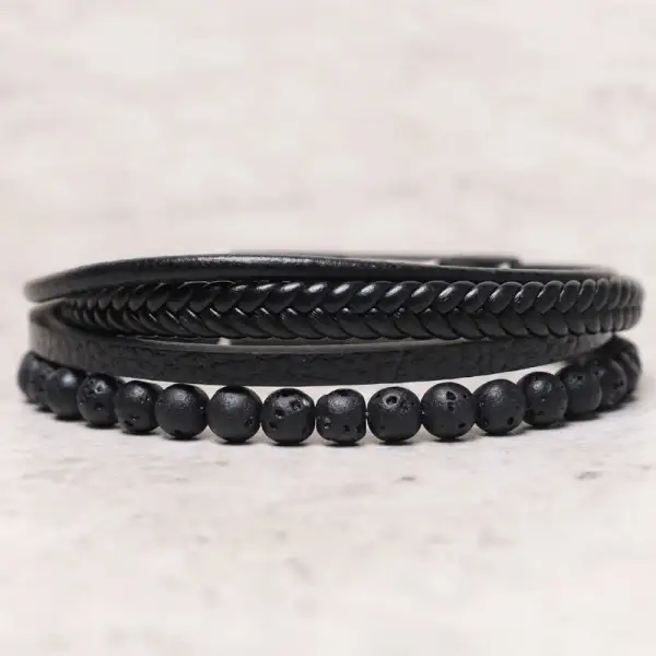 Natural Lava Rock Onyx Bead Leather Bracelet