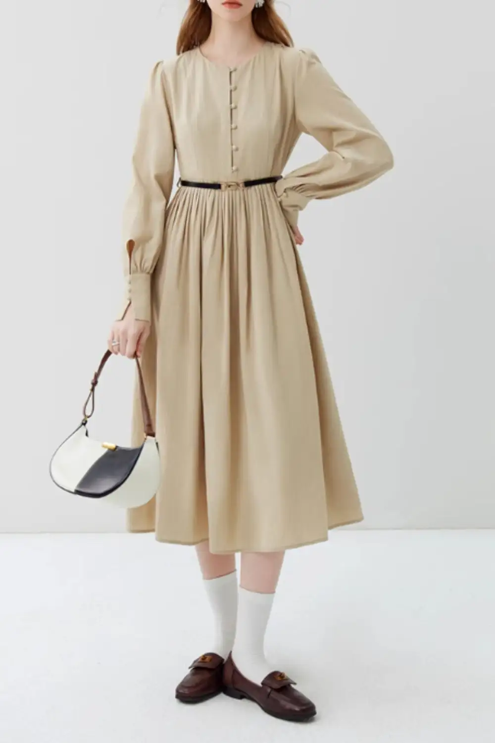 Refined Cotton Blend Long Sleeve Midi Dress