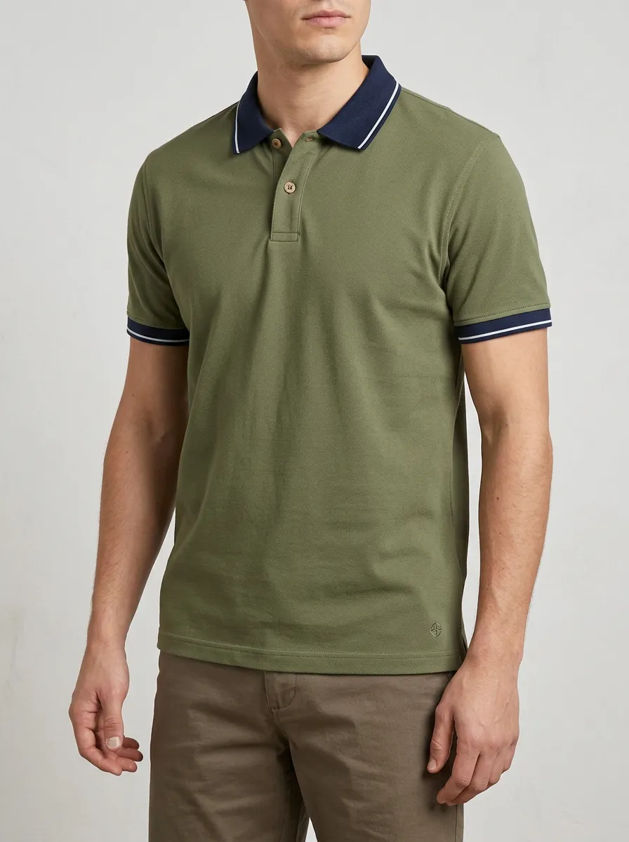 Men's Olive Green Contrast Collar Striped Cuff Polo Shirt