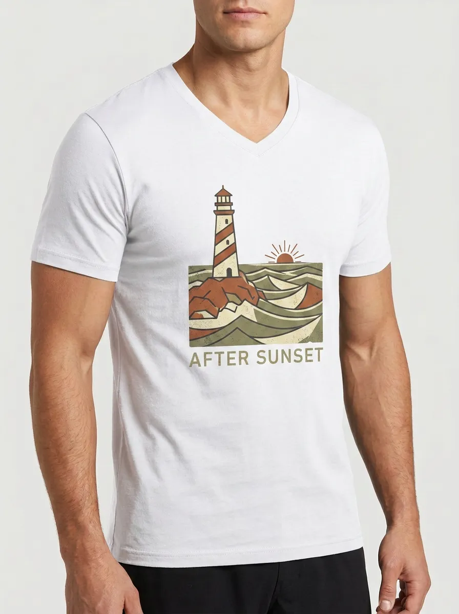 Men's Nautical Ocean Lover Lighthouse Sunset Printed V-Neck T-Shirt
