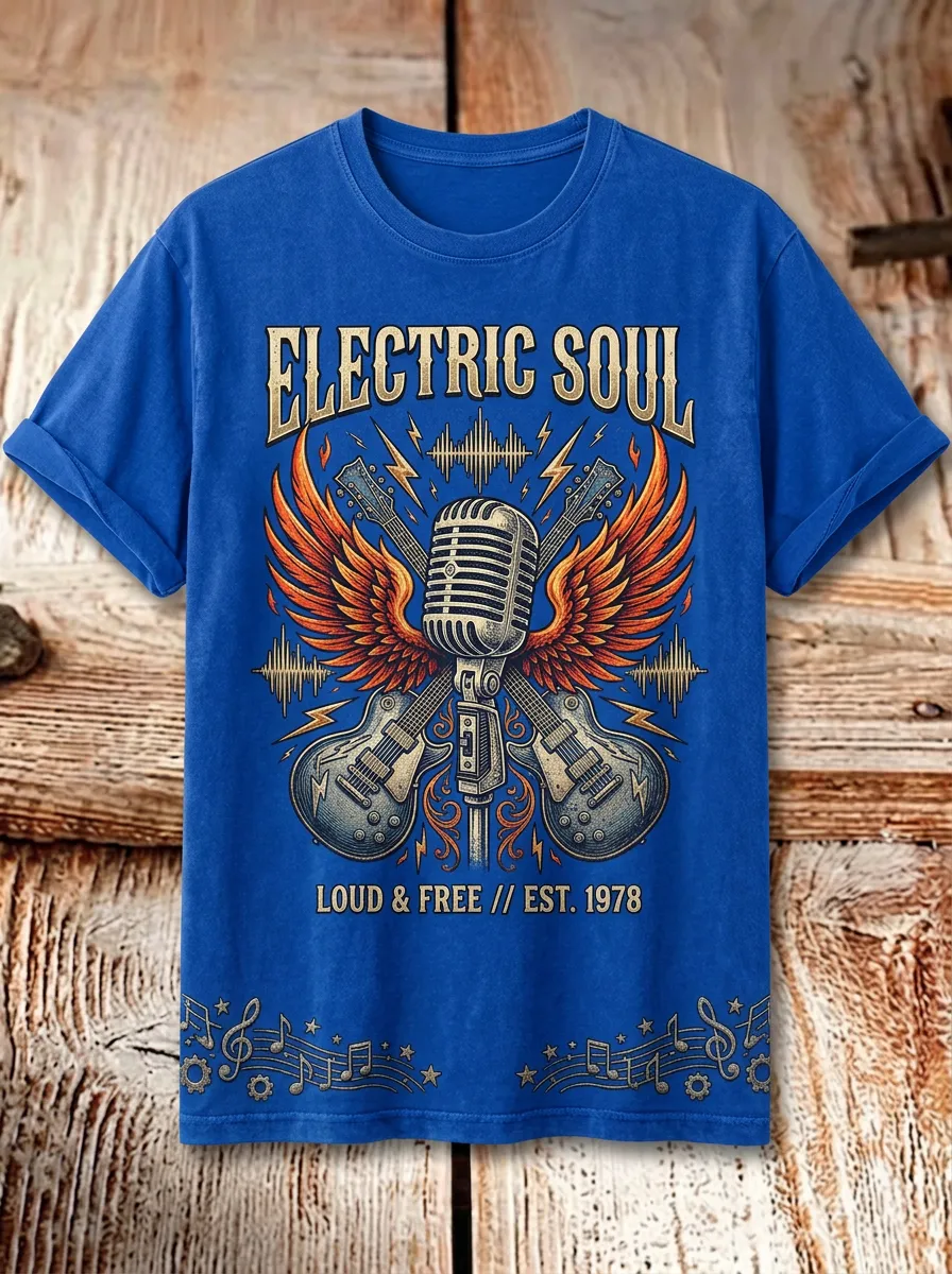 Unisex Rock Music Lover Electric Soul Winged Guitar Printed T-shirt