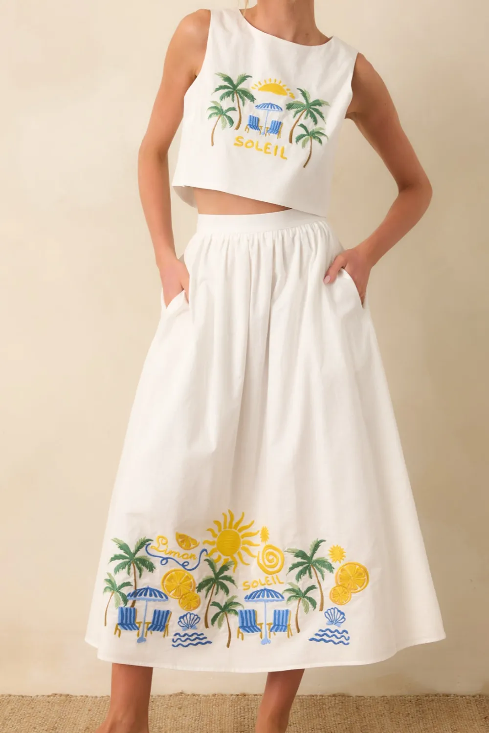 Multicolor Embroidered Cotton Blend Midi Skirt