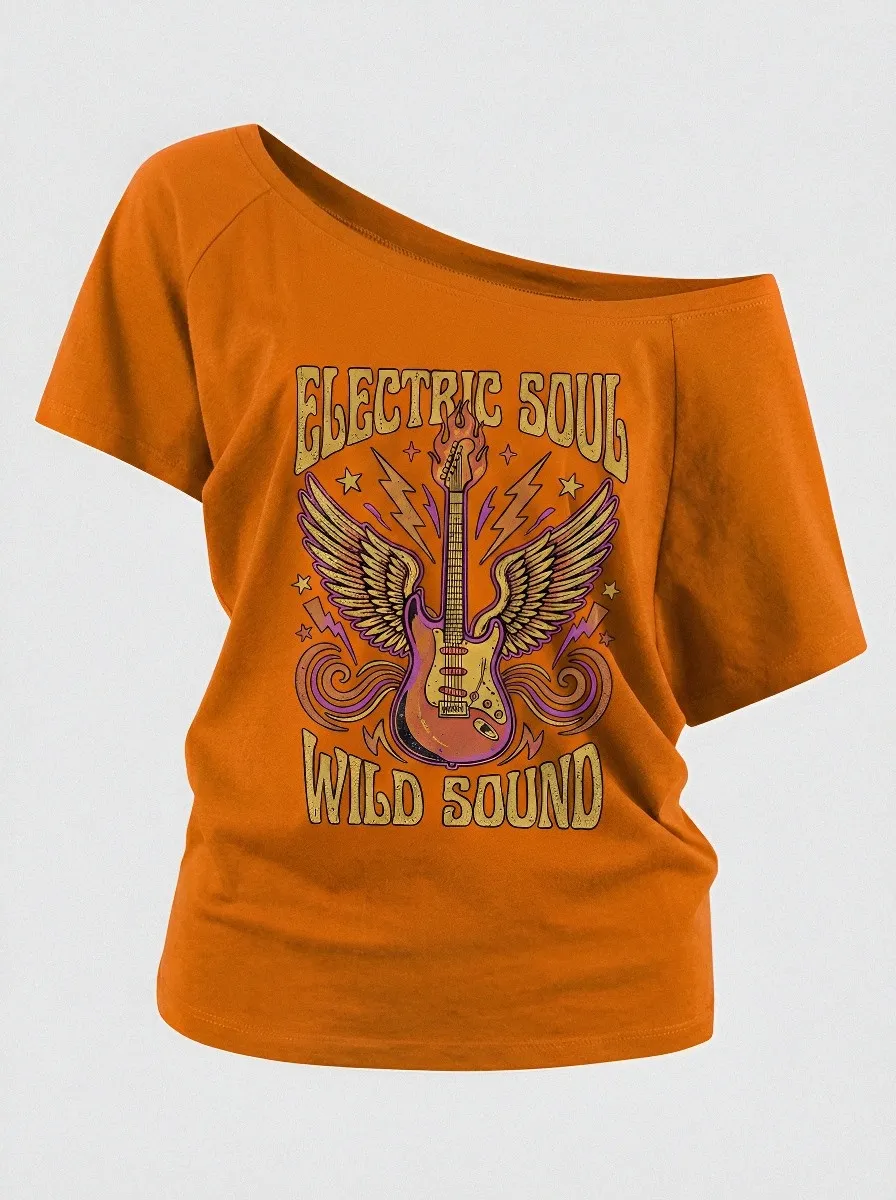 Women's Rock Music Lover Electric Guitar Wings Printed Off-Shoulder Top