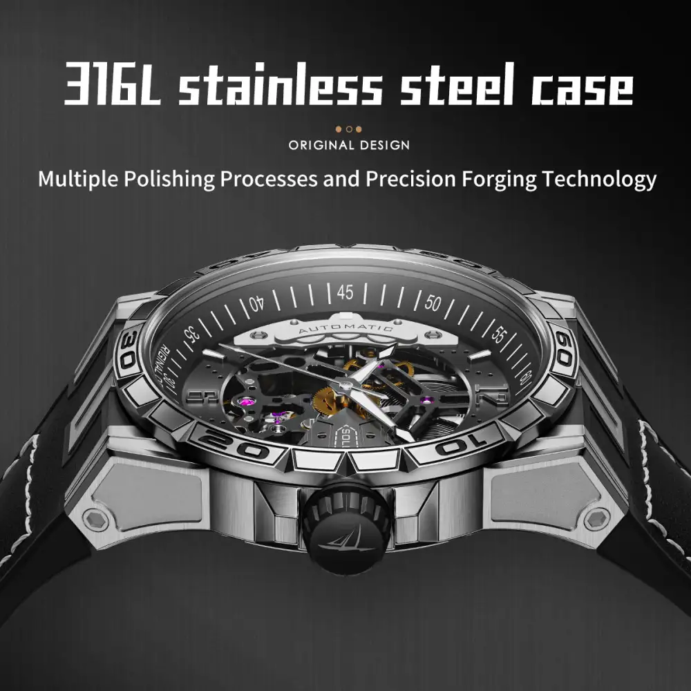 Sollen SL357 Men's Skeleton Automatic Mechanical Watch - 43mm 316L Stainless Steel Case Sapphire Crystal Multi-Layer Dial Leather-Pattern Silicone Strap Wristwatch
