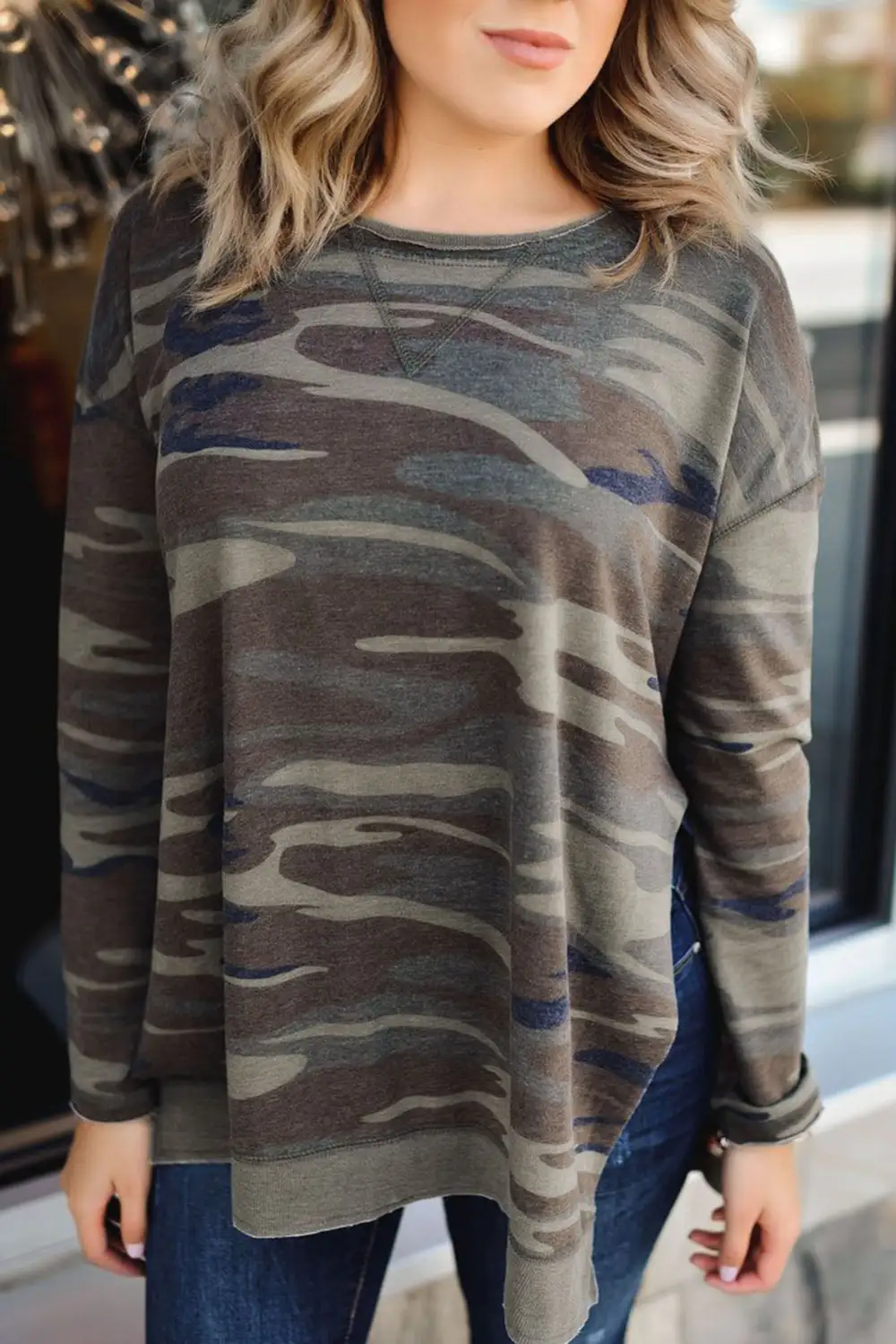 Oversized Camo Print Side Slits Hi Lo Hemline Sweatshirt