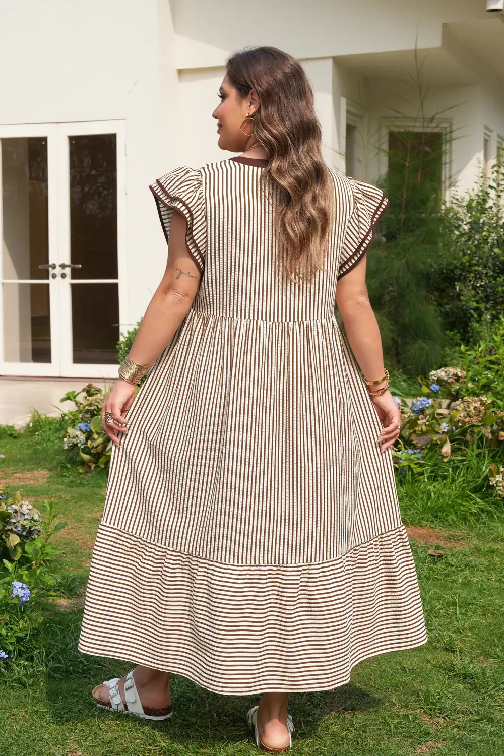 Striped V Neck Tiered Maxi Dress