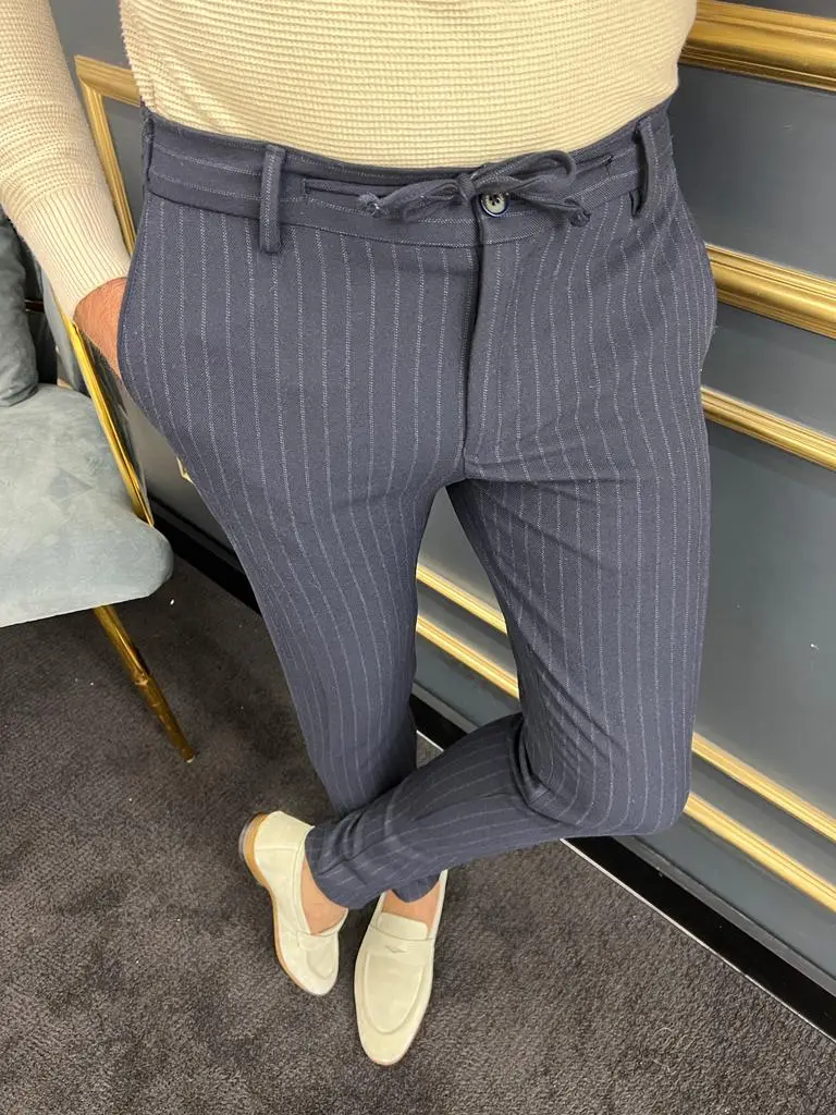 Rope Detail Slim Fit Striped Tailored Trousers
