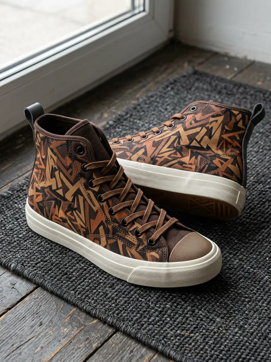 Men's Brown Geometric Abstract Pattern Printed Canvas Shoes
