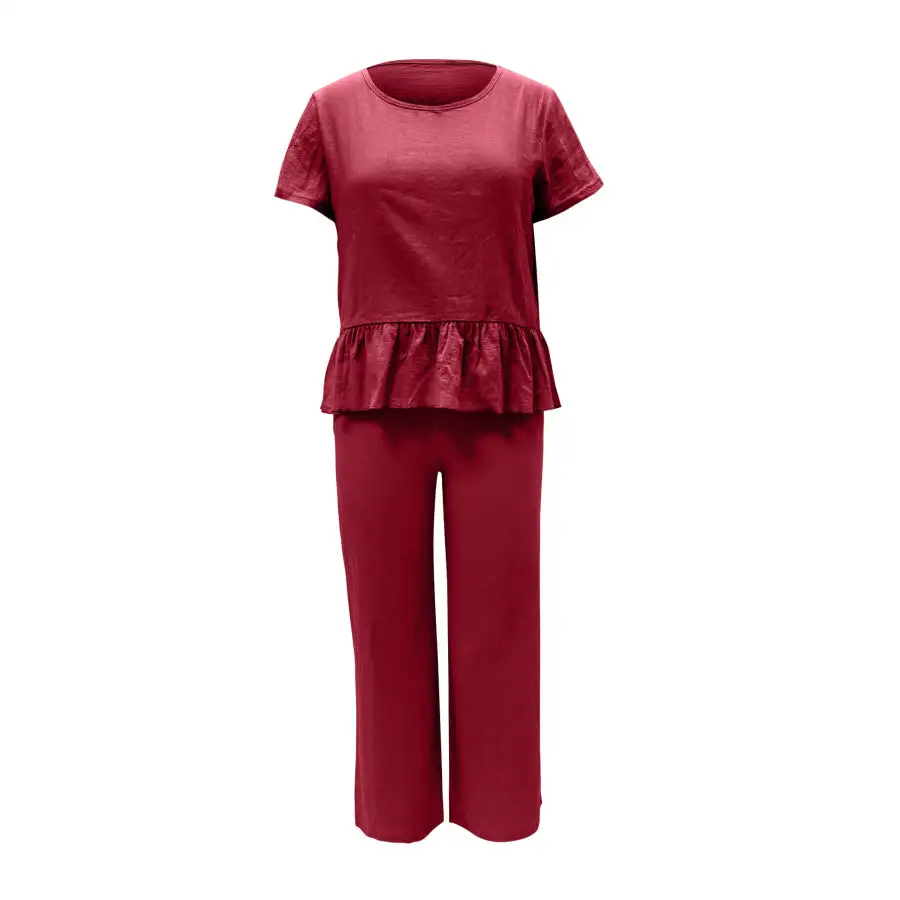 Peplum Round Neck Short Sleeve Top and Pants Set