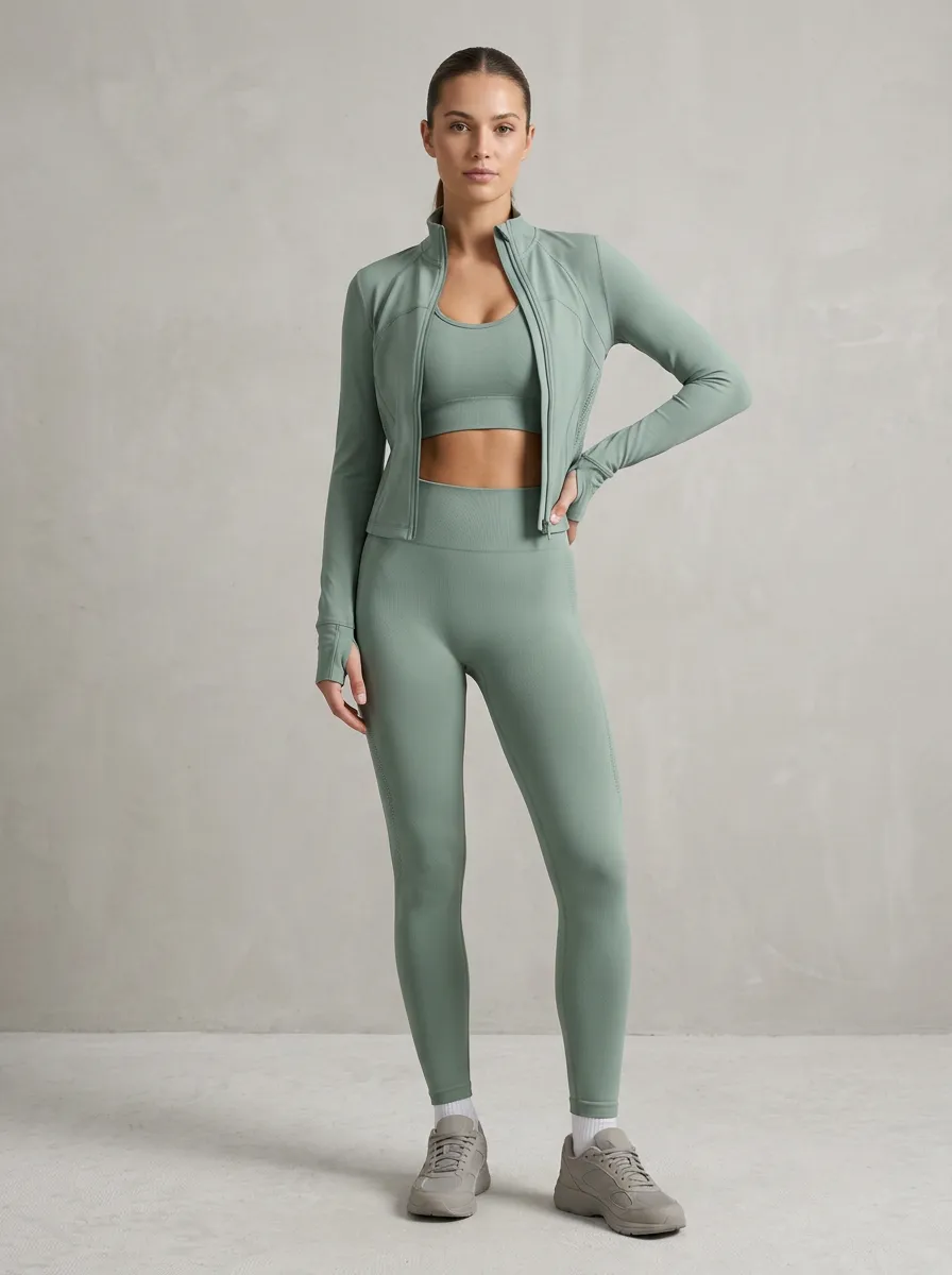 Performance-Inspired Ribbed Texture Seamless Design Wardrobe Women's Three Piece Activewear Set