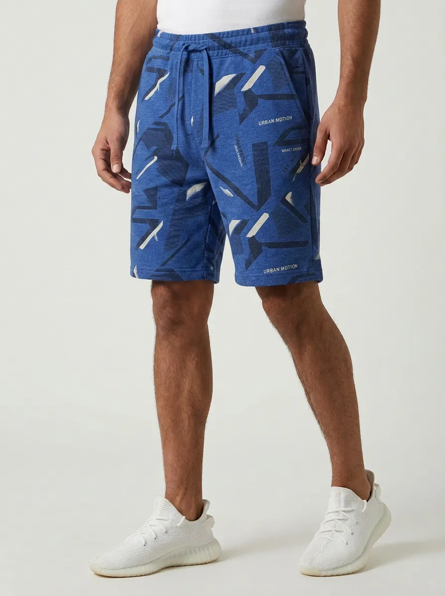 Men's Geometric Running Drawstring Relaxed-Fit Printed Sweat Shorts