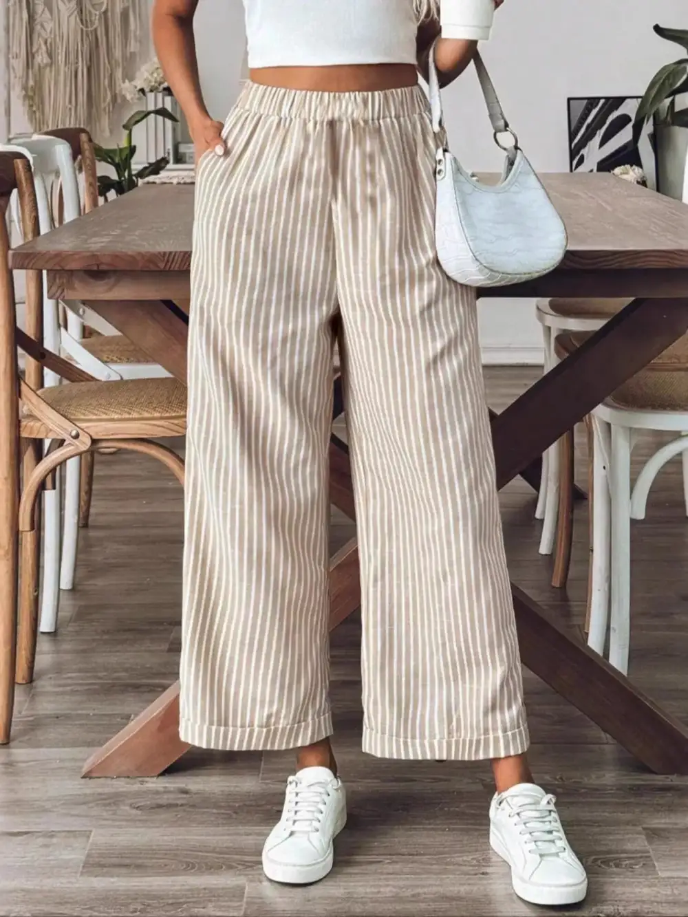 Textured Striped High Waisted Wide Leg Pants
