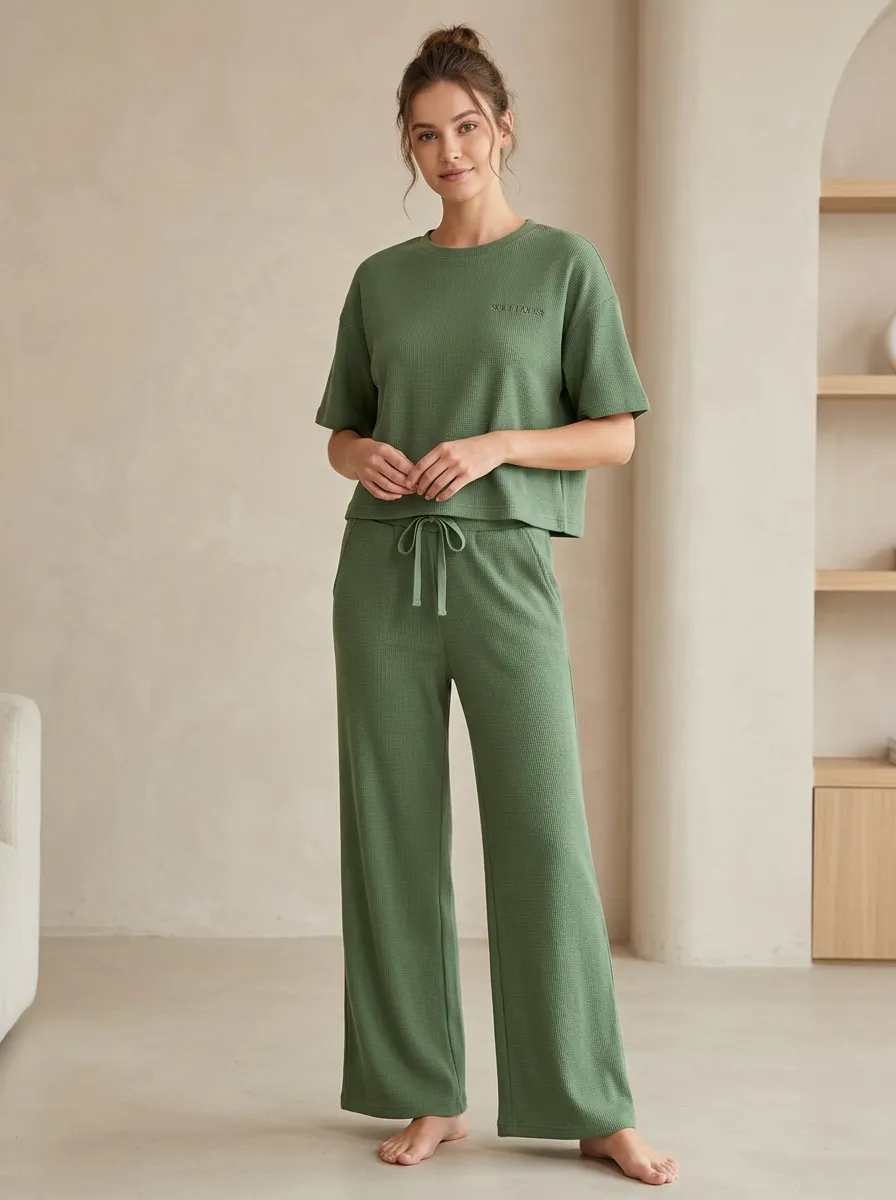 Casual Lounge Waffle Knit Two-Piece Set