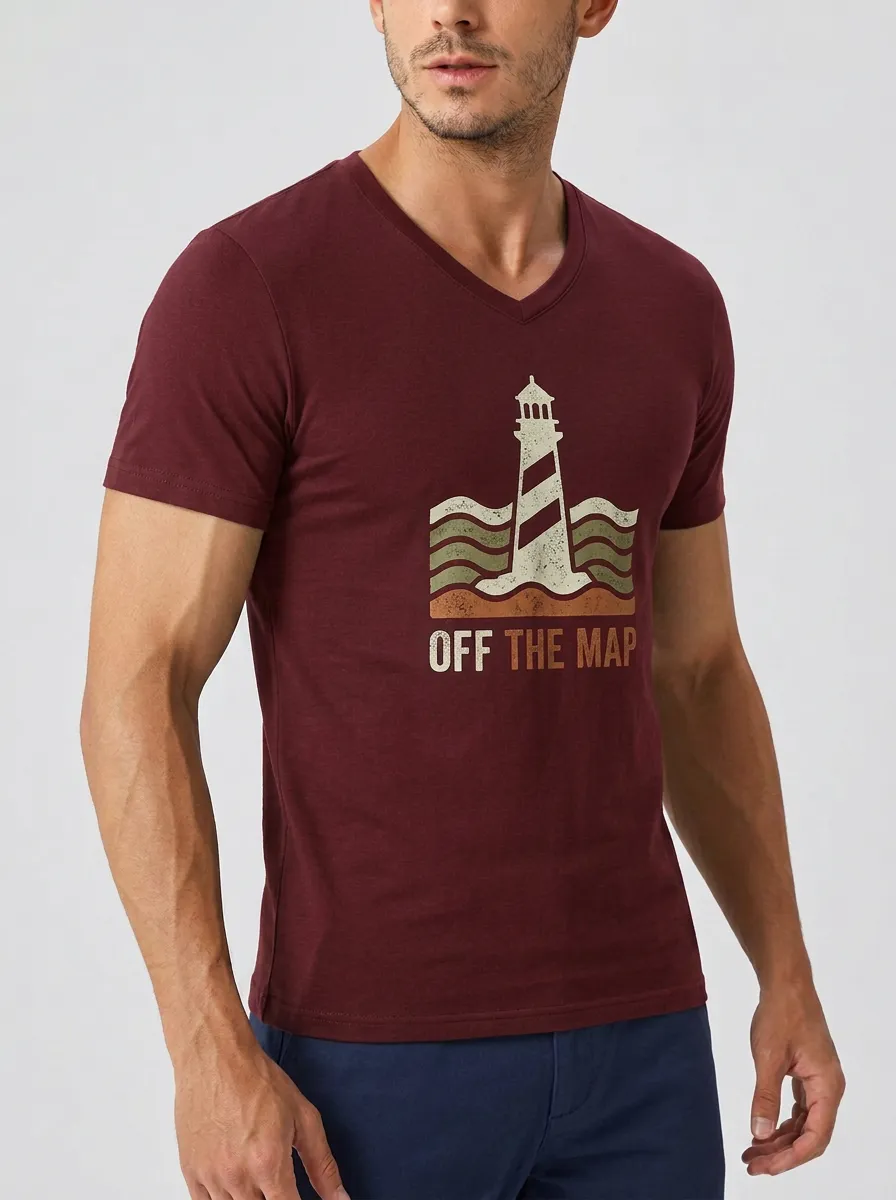 Men's Adventure Travel Lover Lighthouse Off The Map Printed V-neck T-shirt