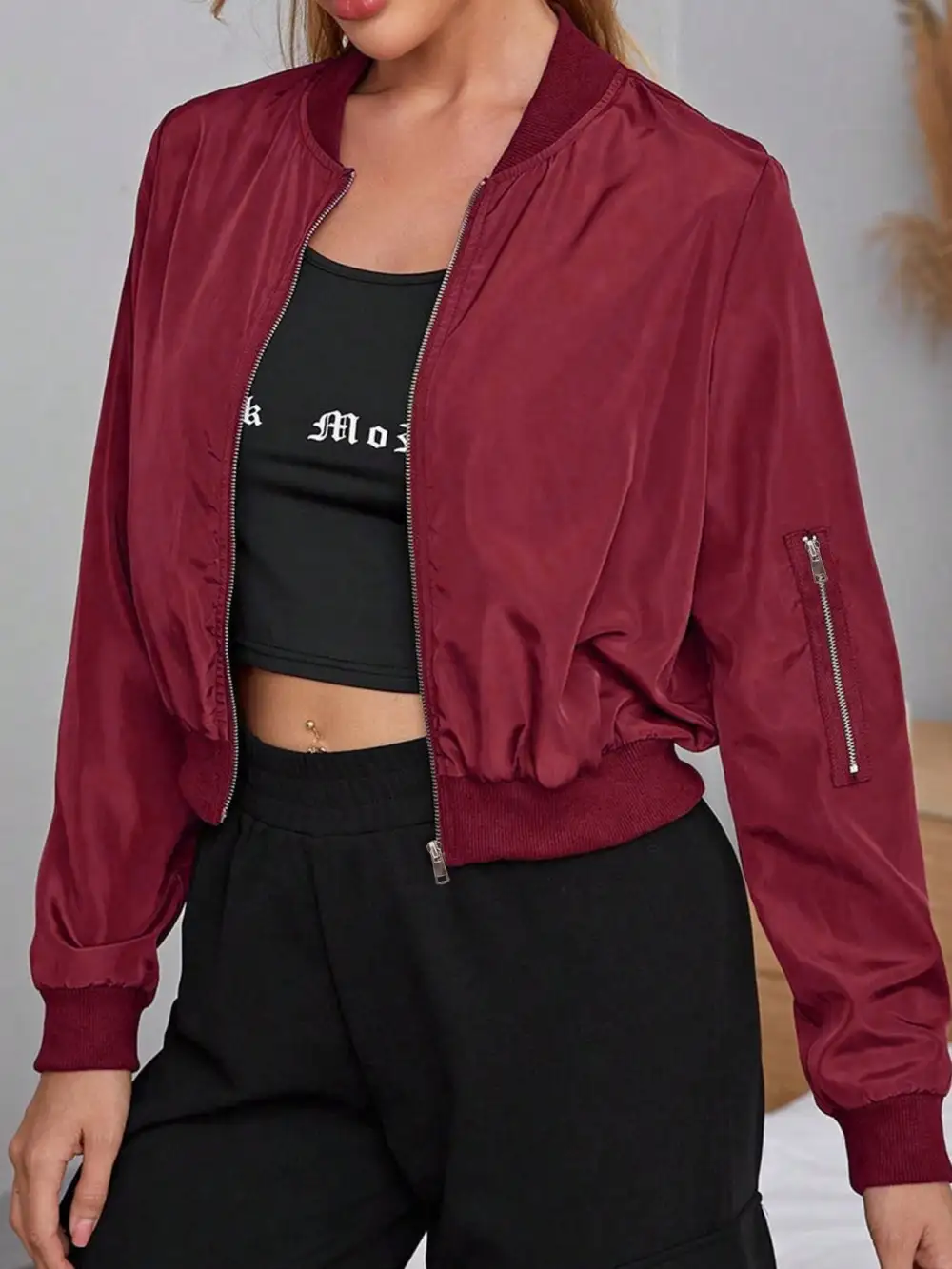 Cropped Satin Utility Pocket Elastic Hem Bomber Jacket
