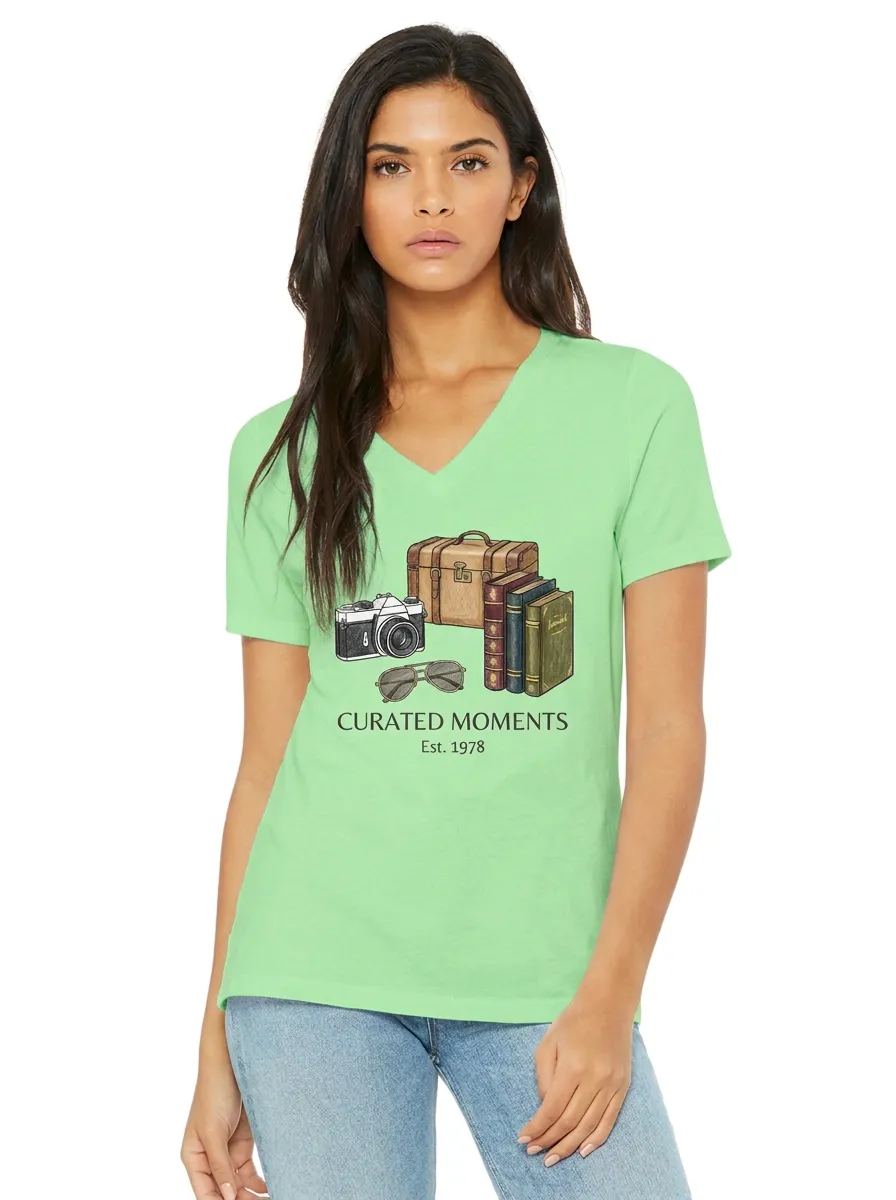 Women's Travel-Inspired Vintage Camera Books Printed V-neck T-Shirt