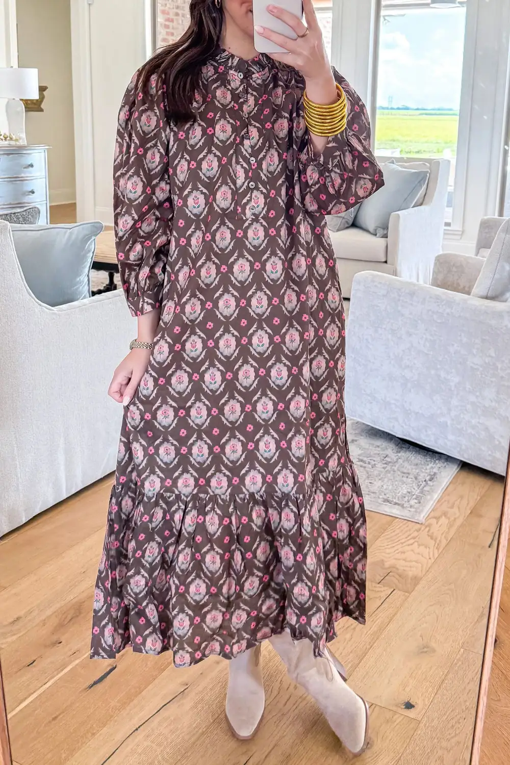 Women's Floral Print Button Front Ruffled Midi Dress