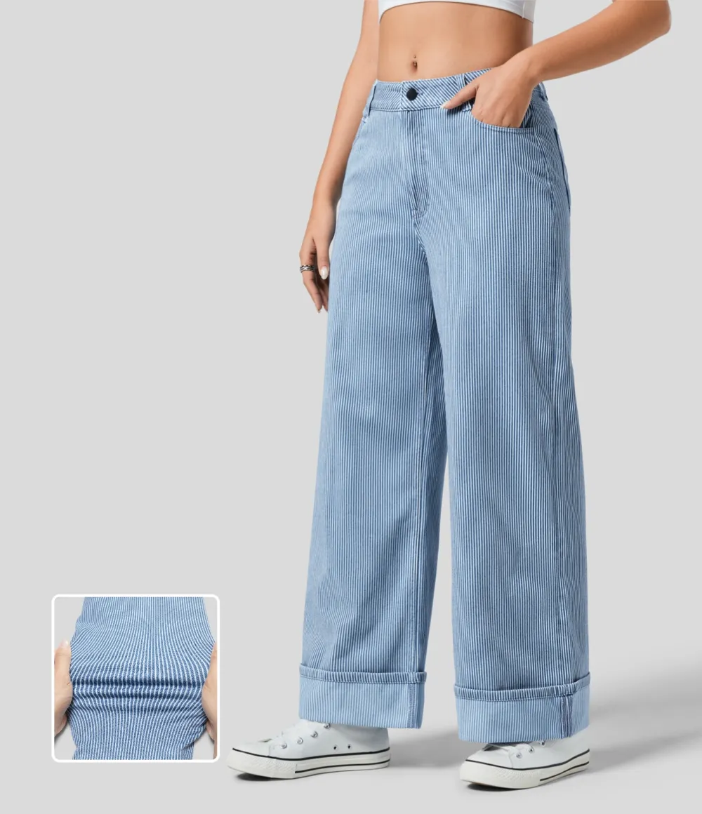 Magic Mid Rise Multiple Pockets Rolled Hem Striped Washed Stretchy Knit Casual Wide Leg Jeans