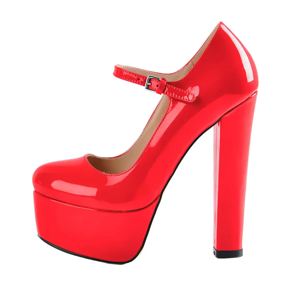 Patent Finish Round Toe Platform Chunky Heel Ankle Strap Pumps