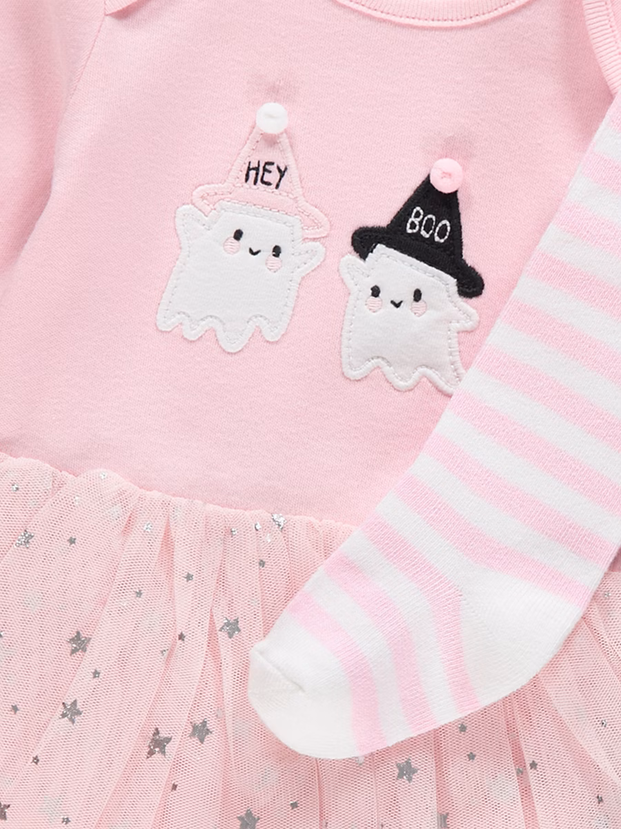 Halloween Pink Ghost Tutu Bodysuit and Tights Outfit detail 1