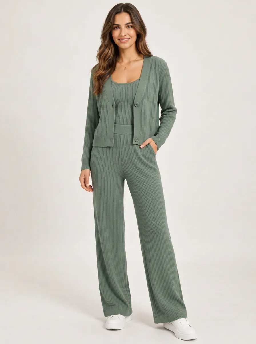 Women's Sage Green Cardigan, Tank and Wide Leg Pants Coordinated Trio