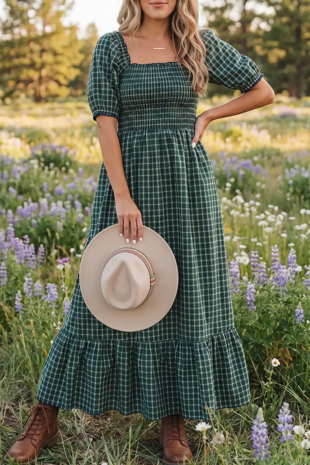 Plaid Square Neck Shirred High Waist Ruffle Hem Dress