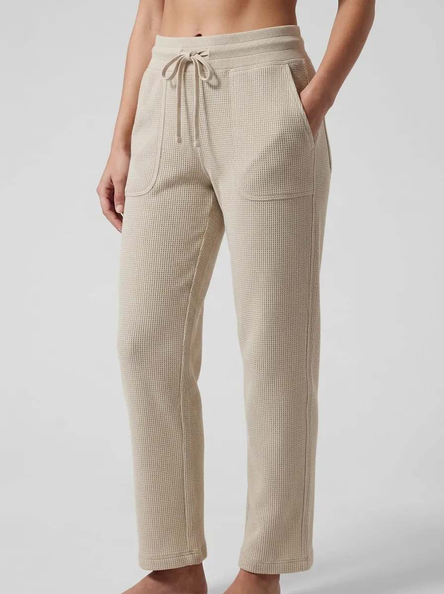 Women's Casual Beige Waffle Knit Drawstring Lounge Pants