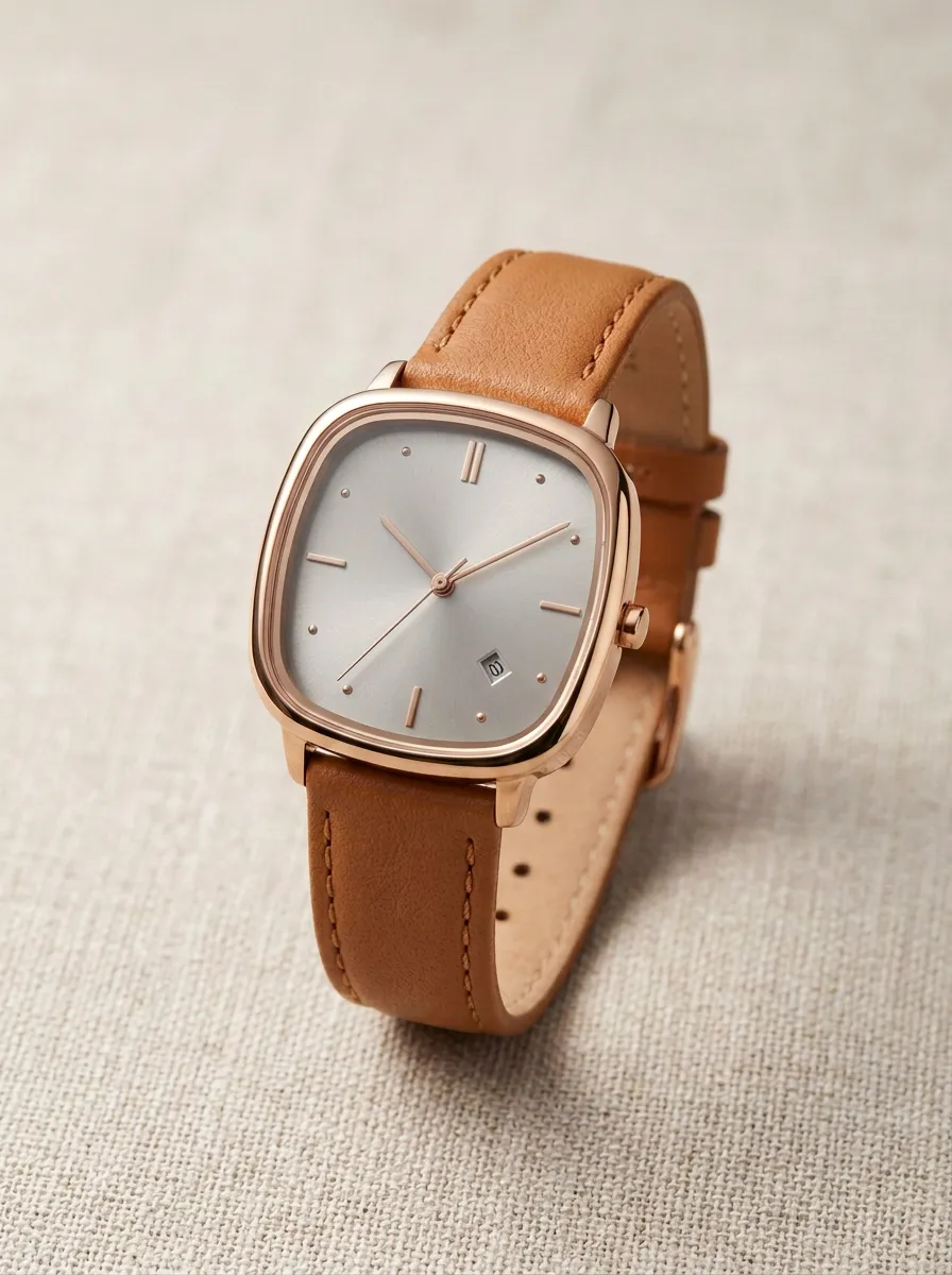 Unisex Minimalist Green Dial Tan Leather Strap Analog Watch