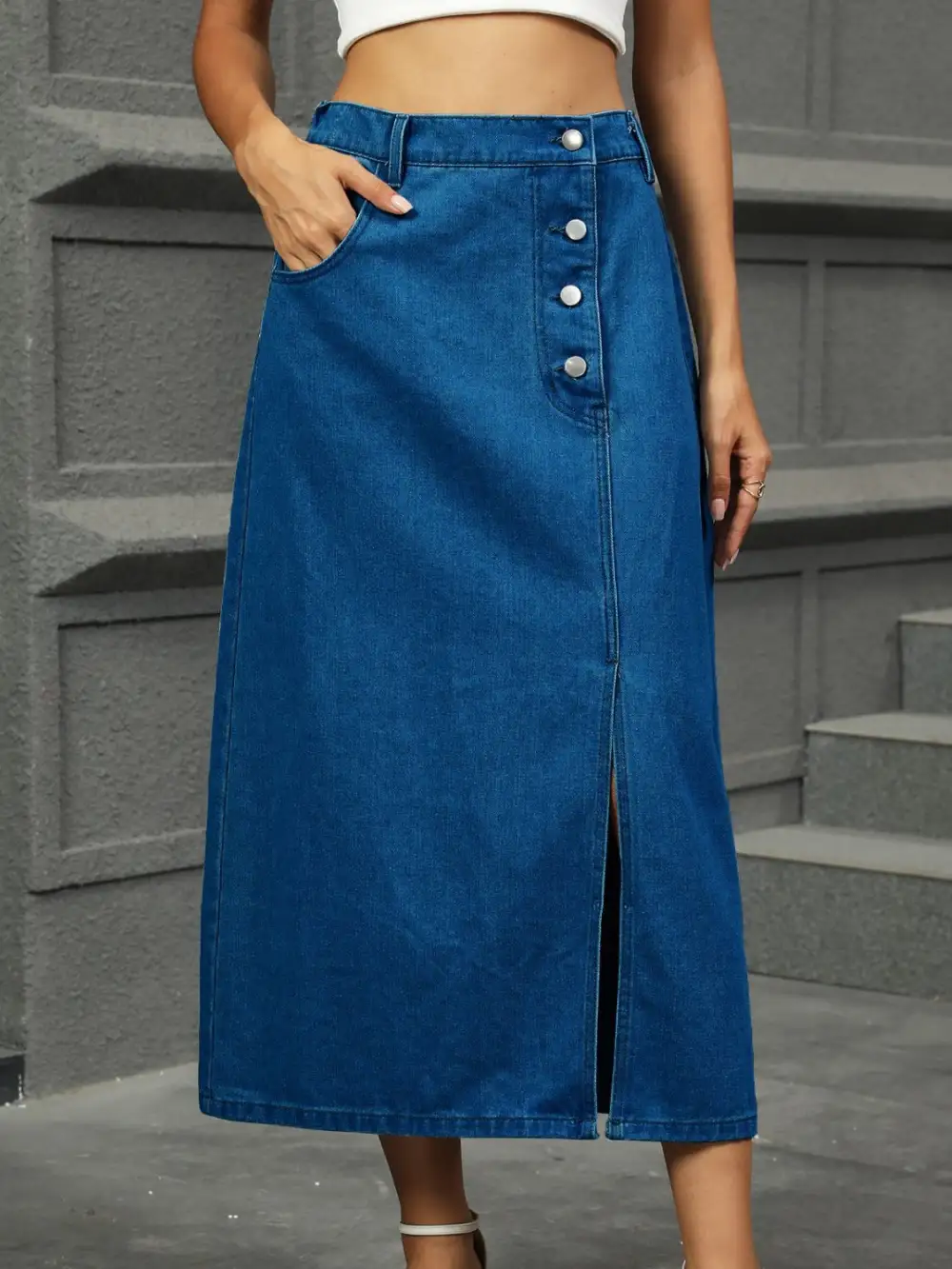 Everyday Denim Button Front Midi Skirt