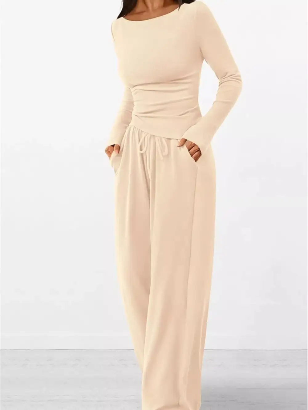 Relaxed Long Sleeve Top and Wide Leg Pants Set