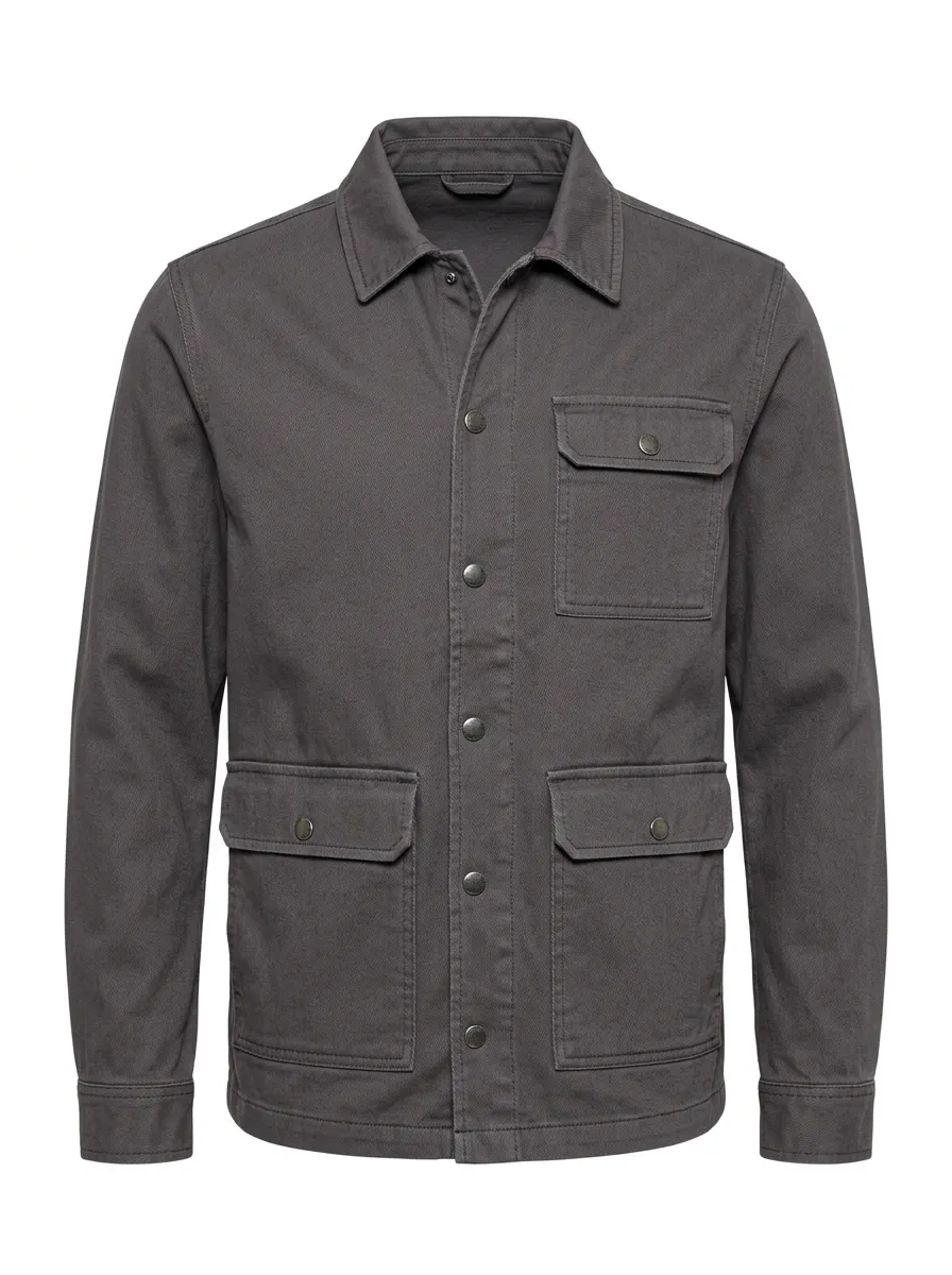 Men's Casual Utility Solid Grey Button-Up Jacket