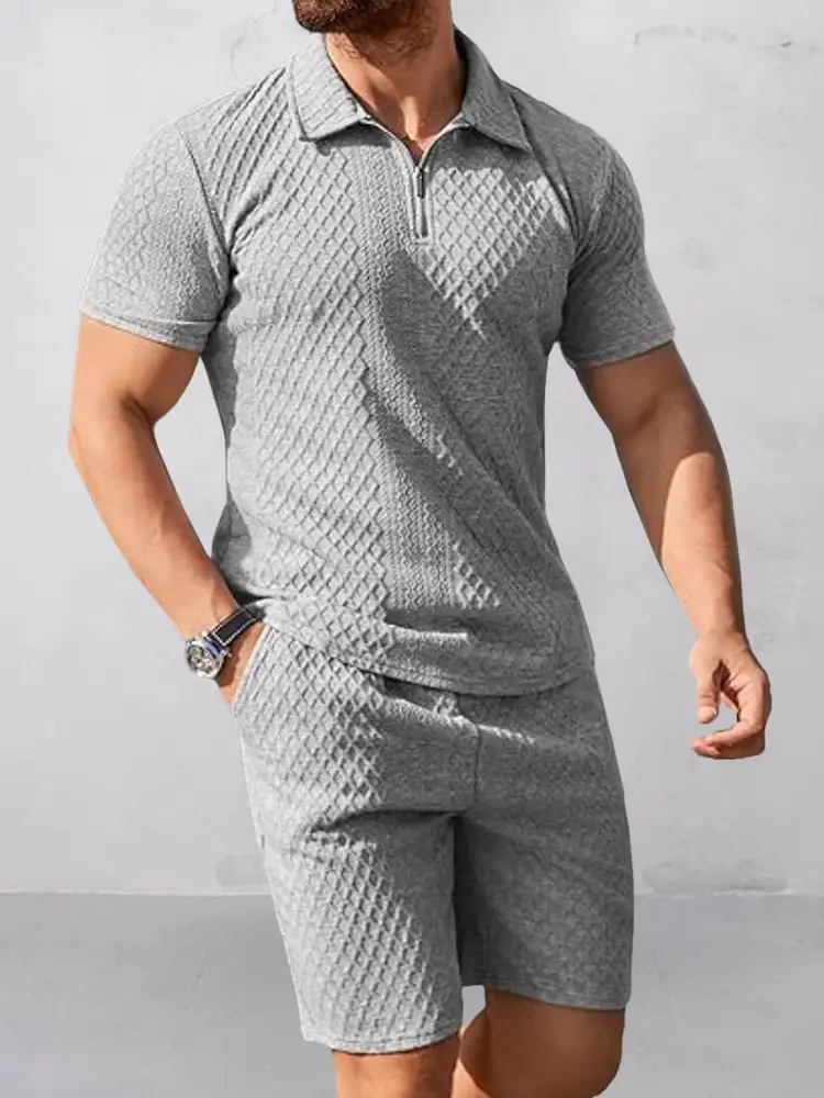 Trendy Textured Polo Shorts Outfit Two Piece Set