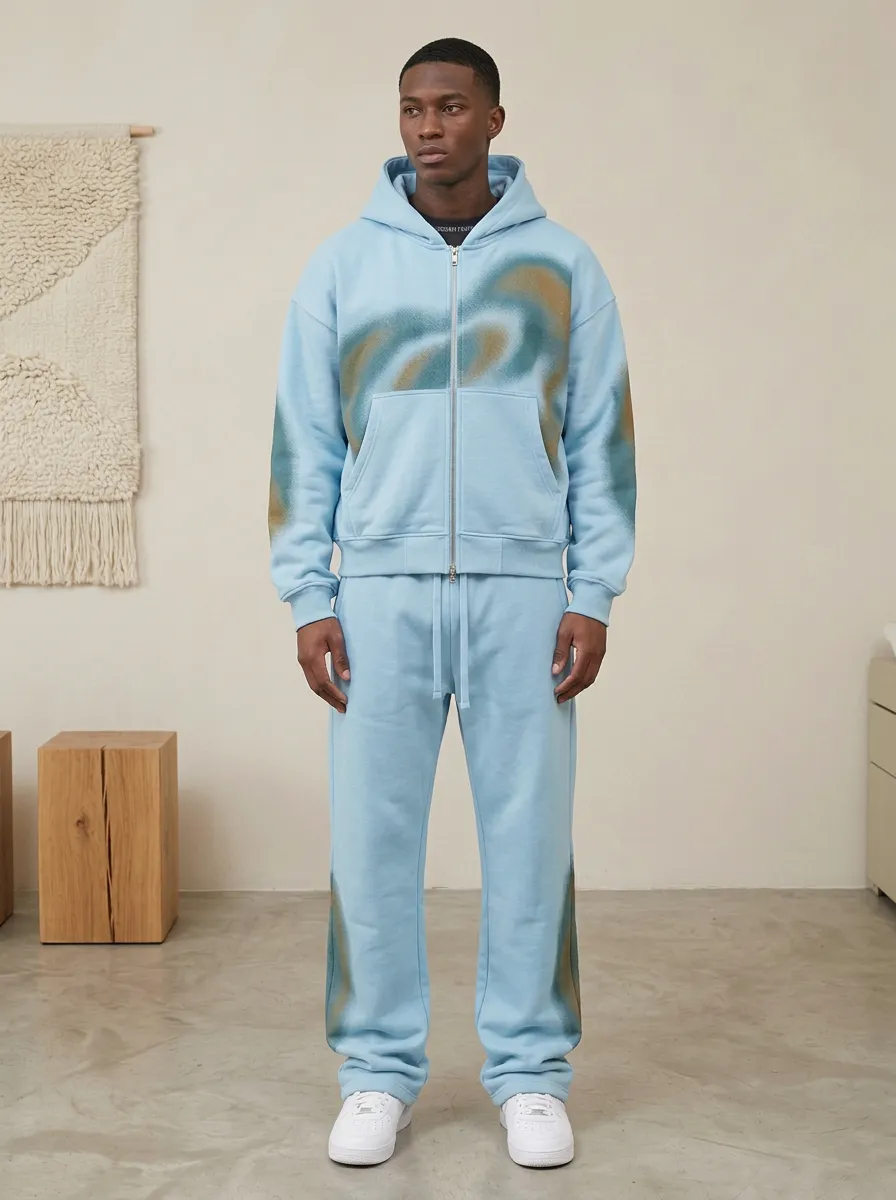 Men's Streetwear Abstract Spray Paint Printed Hoodie Jogger Set