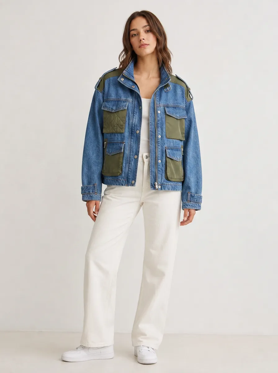 Women's Casual Utility Style Denim Patchwork Quilted Jacket