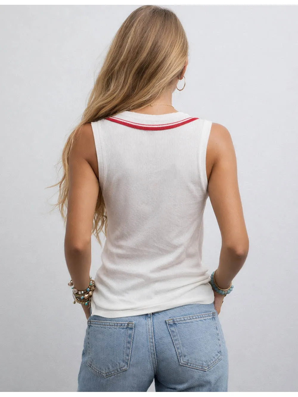 Lapel V Neck Color Block Ribbed Knit Sleeveless Top