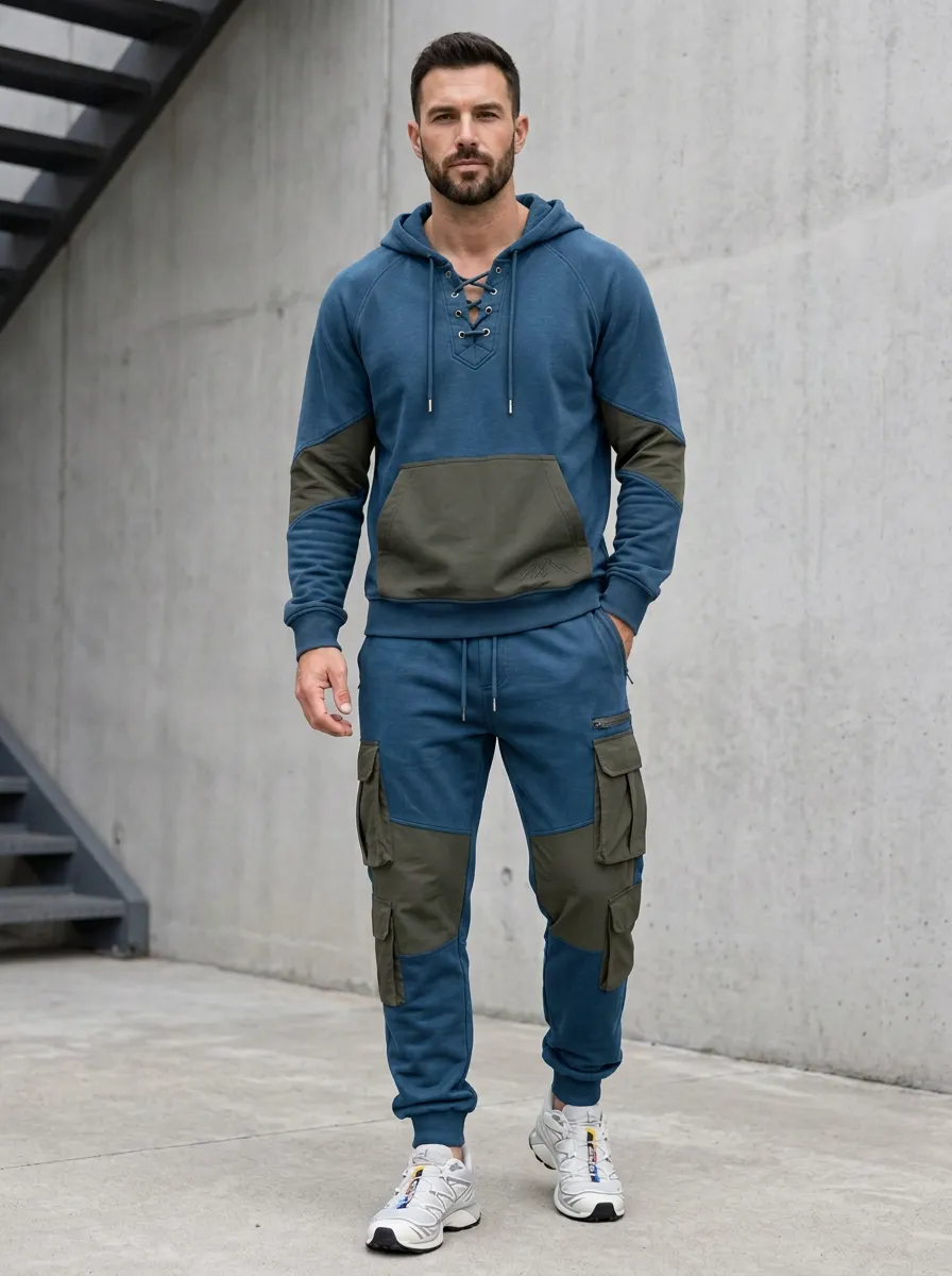 Functional Lace-Up Multi Pocket Detail Men's Lace Up Hoodie And Cargo Jogger Set