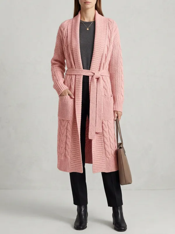 Women's Relaxed Cable Knit Belted Knit Cardigan
