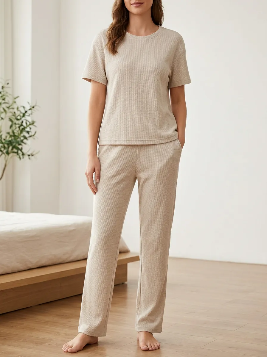 Side Pockets Waffle Knit Casual Lounge Set