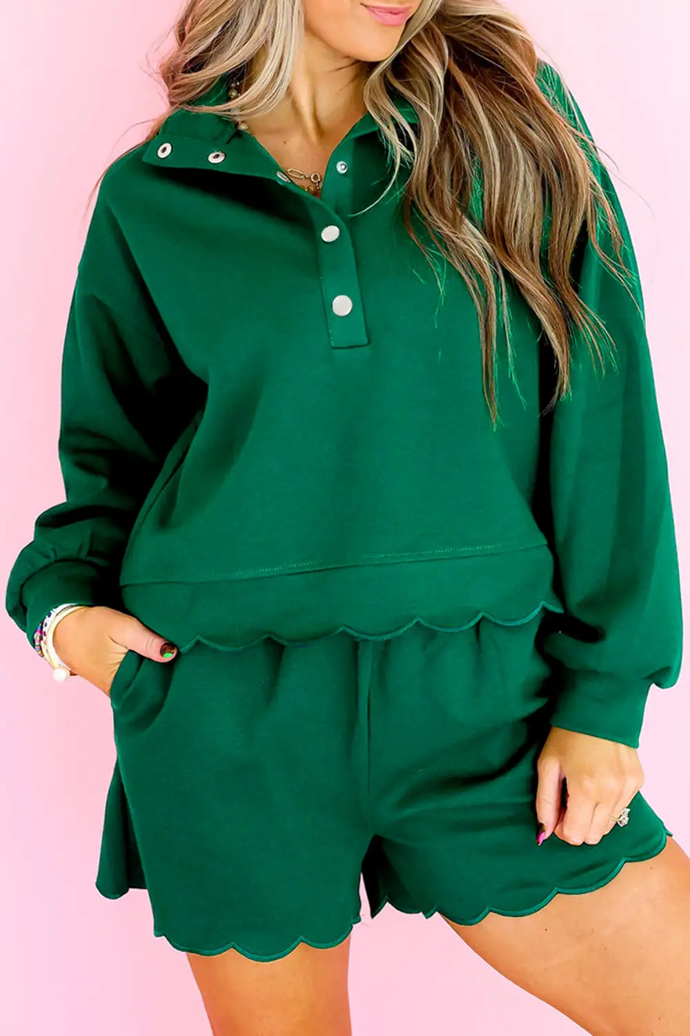 Button Pullover Relaxed Shorts Lounge Set Layer