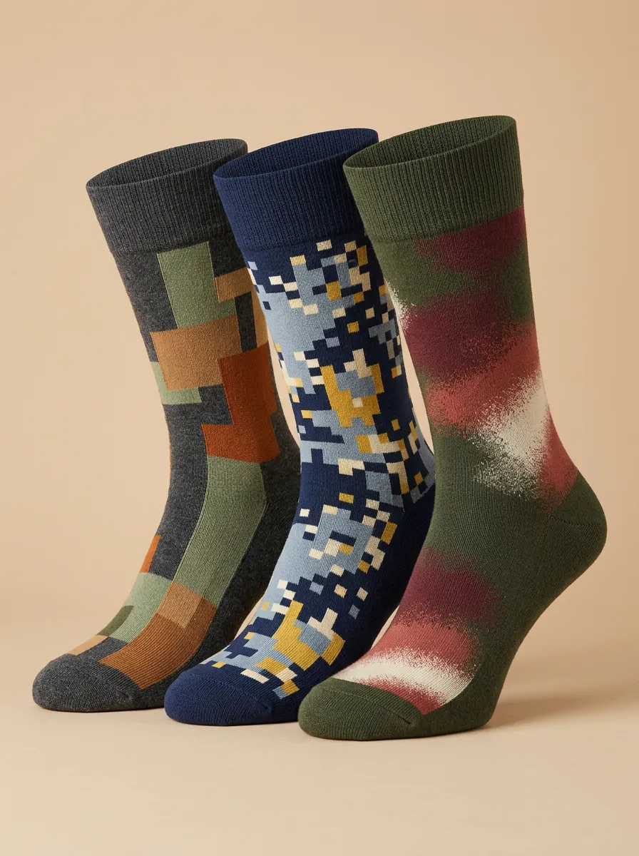 Men's Geometric Pixel Camo Printed Three Pack Socks