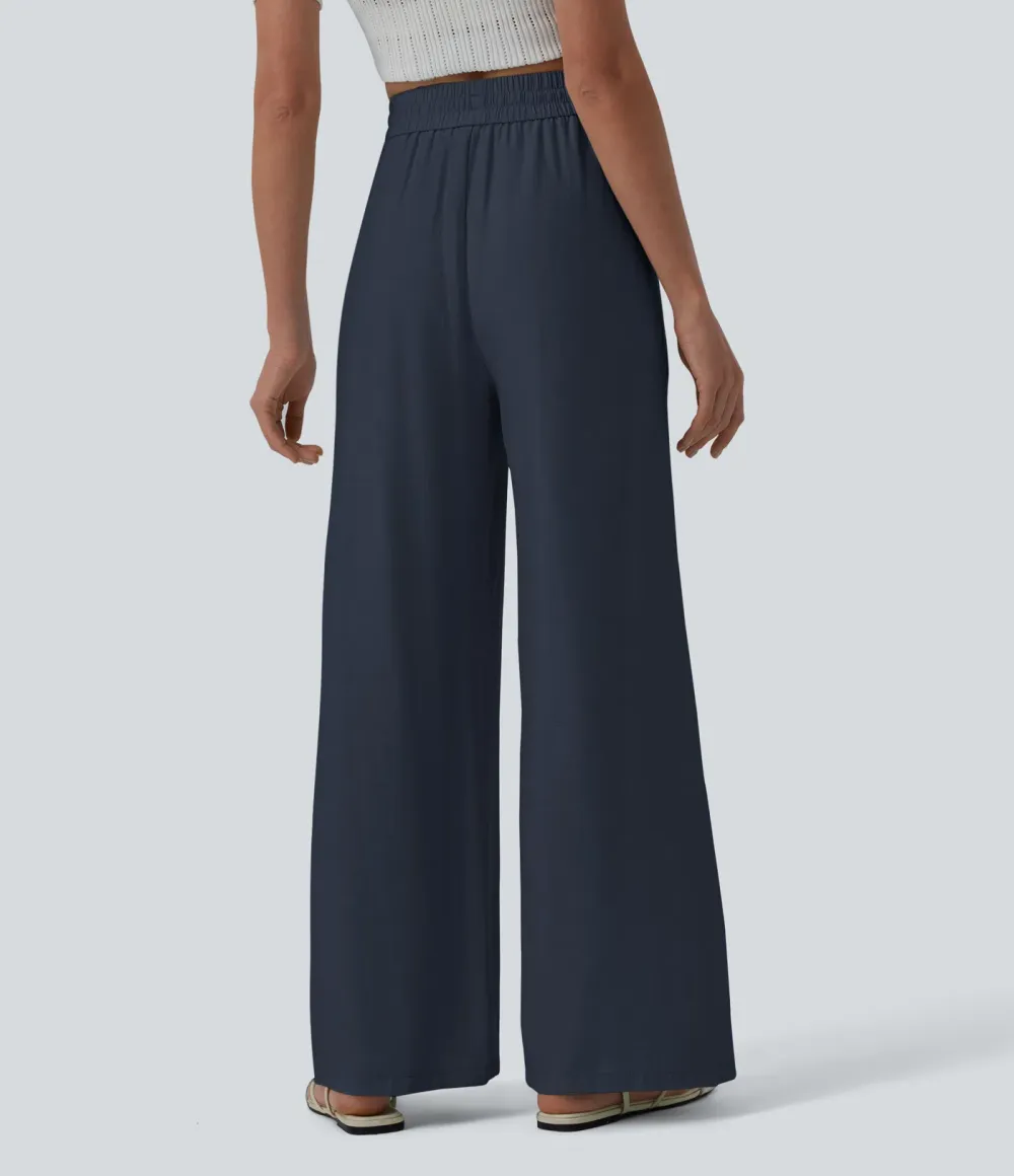 2026🔥High Waisted Drawstring Wide Leg Casual Linen-Blend Trousers with Pockets