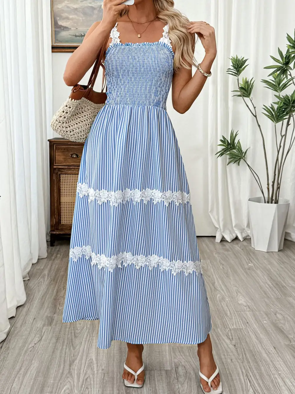 Striped Lace Smocked Midi Dress